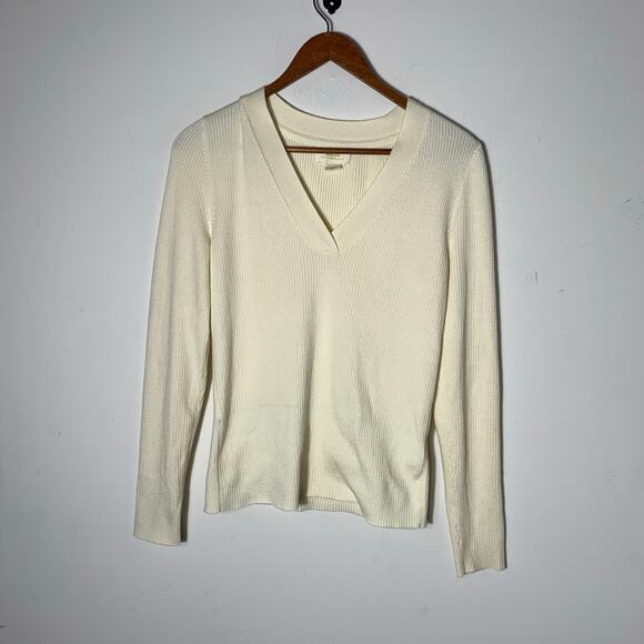 Womens Anthropologie Maeve Thea Ribbed Vneck Sweater Cream Size M EUC! - Picture 2 of 3